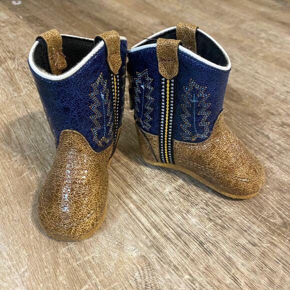 Old West Infant Cowboy Boots Size 1 Brown & Blue Western Baby shoes cowgirl - Picture 4 of 8